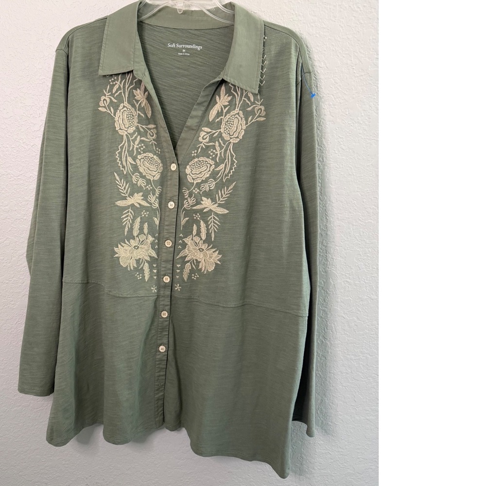 Soft Surroundings Sage Green Embroidered Cotton Tunic Top 3X Long Sleeve Fall